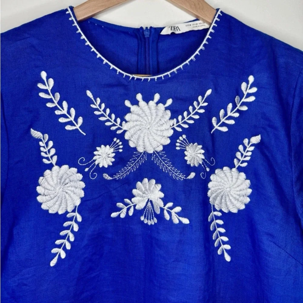 ZARA Women’s Blue Linen Embroidered Flower Short Sleeve mini Dress MEDIUM - Picture 2 of 5